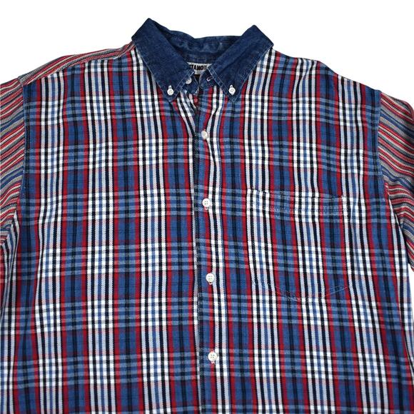 90's Vintage Gitano red/blue denim striped/plaid button up shirt Men's sz large - Picture 2 of 5
